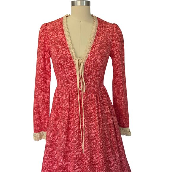 Gunne Sax Red Floral Corset Maxi Dress Size 9 Vintage 70s Prairie Lace Up - Picture 3 of 12